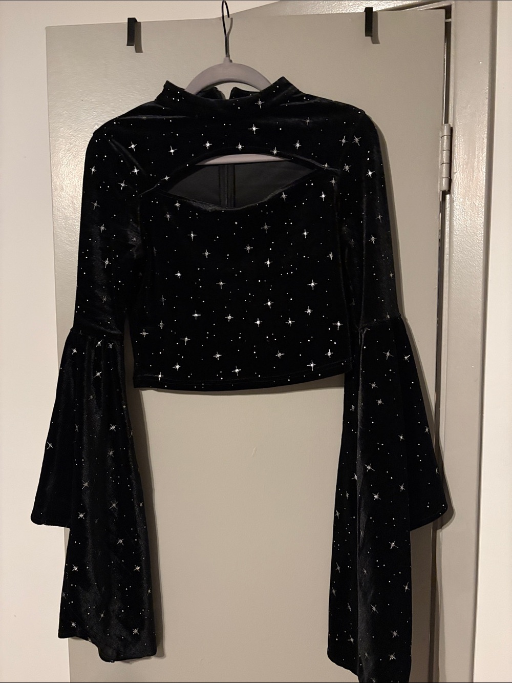 Cider Black Velvet Star-Print Cutout Crop Top